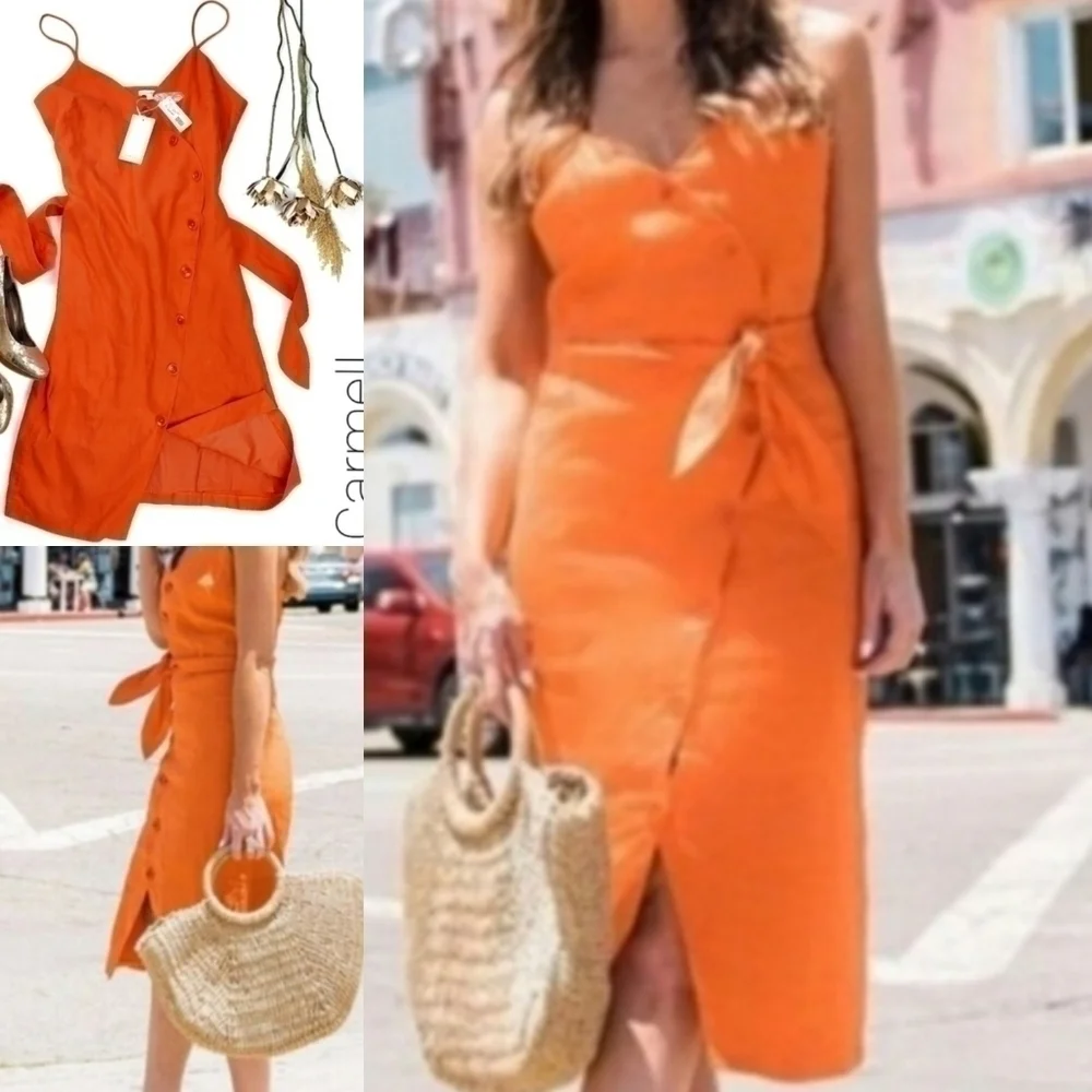 New JOIE Carmell Warm Terra Orange Linen Dress Size Large - Picture 2 of 16